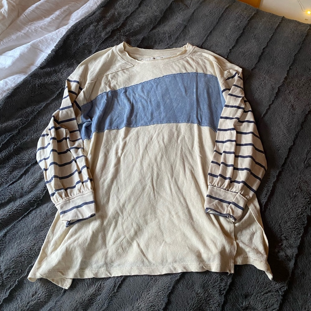 Free People Cream and Blue Striped Long Sleeve Tee